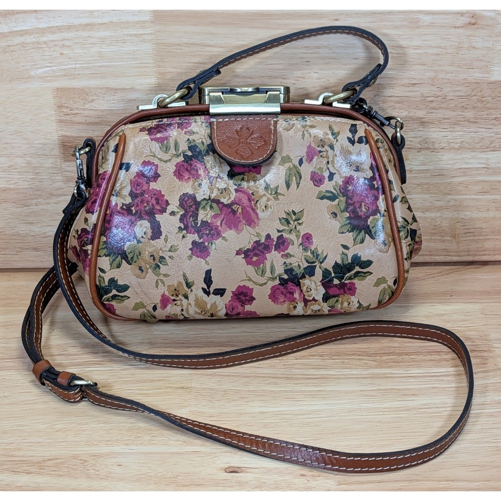 Patricia Nash Floral Leather Doctor Bag Crossbody Tan Pink Rose Frame Purse